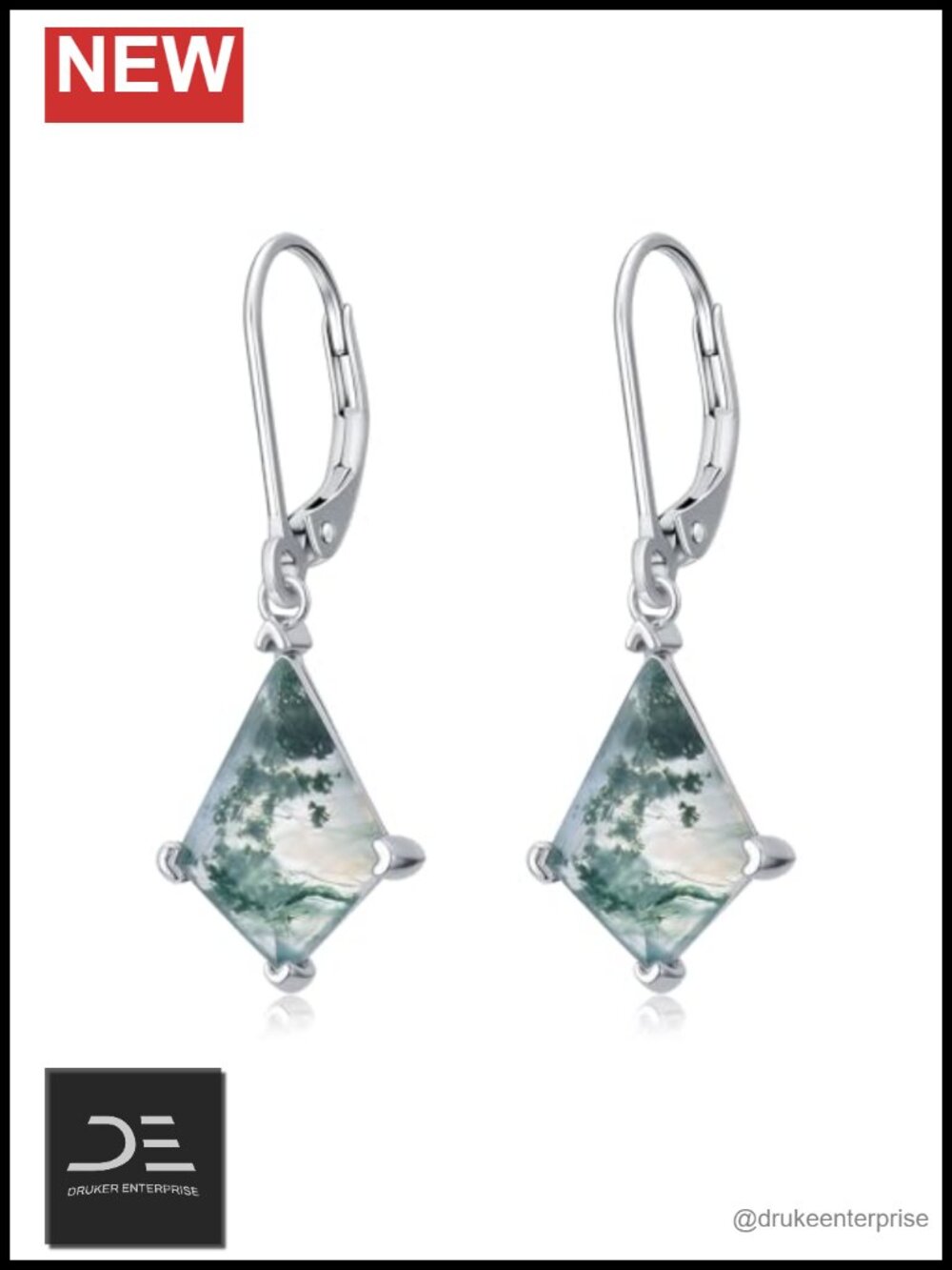 Natural Moss Agate Dangle Earrings, 925 Sterling Silver Leverback,